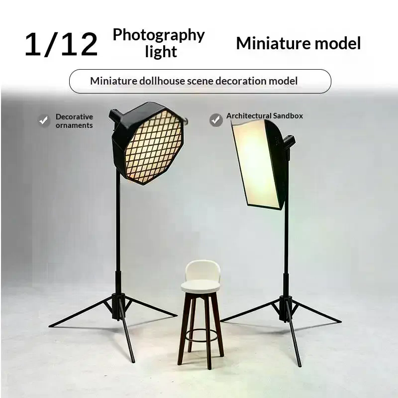 Photography Natural Lighting - /Cna/1/12 ドールハウスミニスタジオライトセット、ソフトボックス、三脚、スツール付き、DIYジオラマ写真展示用リアルモデル