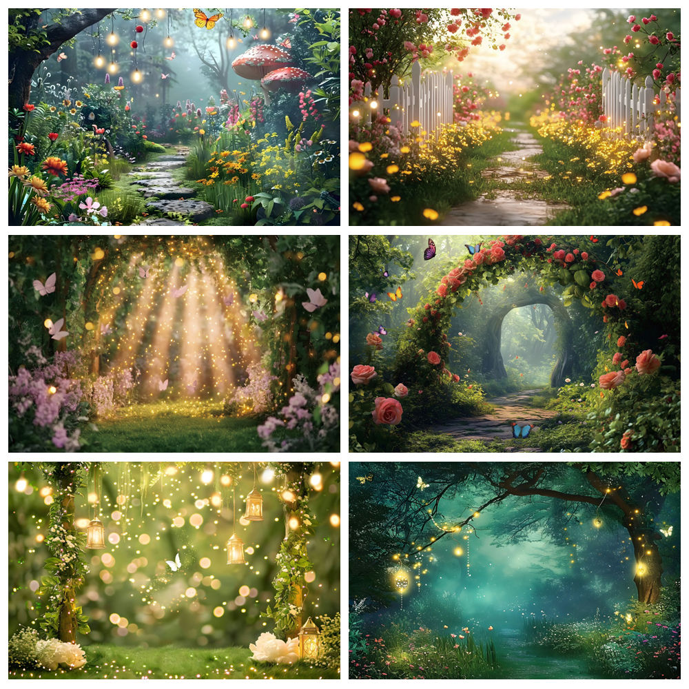Photography Natural Lighting - おとぎ話の庭の背景写真撮影用ファンタジー自然ジャングル蝶の花ライトボケプリンセス誕生日写真背景