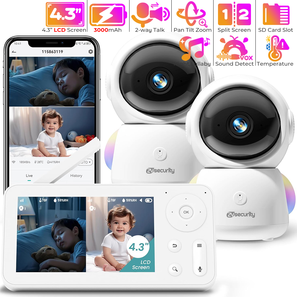 Photography And Videography Lighting - カメラとオーディオを備えたベビーモニター,常夜灯,2台のカメラ,wifi,スマートフォン,2.4g,保育園,ペット,高齢者向け,355 ° 回転,RGB, 2k