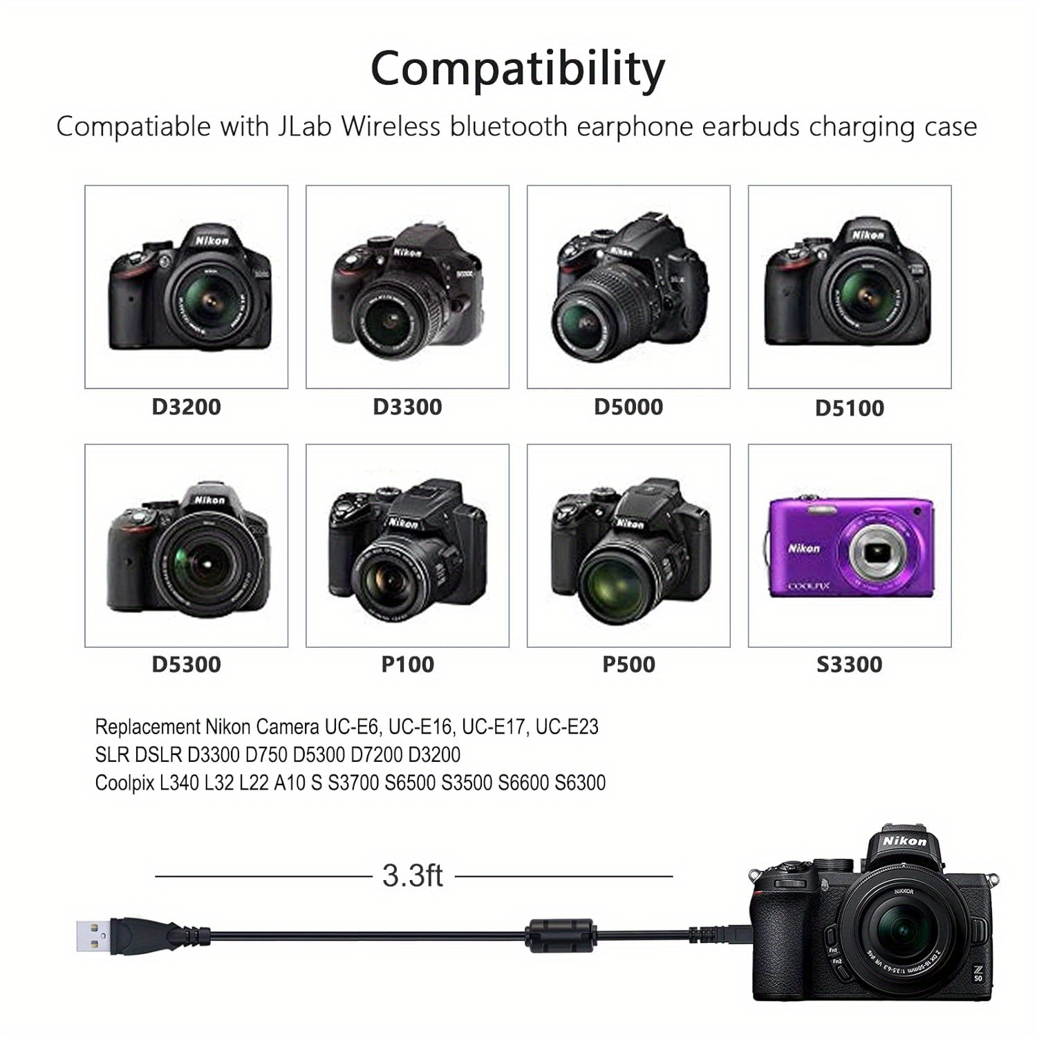 USB 2.0 データケーブル UC-E17 E16 E6  - Nikon Camera D3500 のレビューと価格